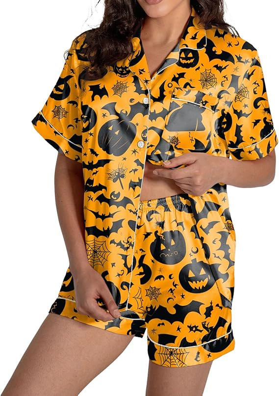LVOFTJU Halloween Pajamas Women 2025 Silk Satin Button Up Shirt And Shorts Pjs Sets 2 Piece Match... | Amazon (US)