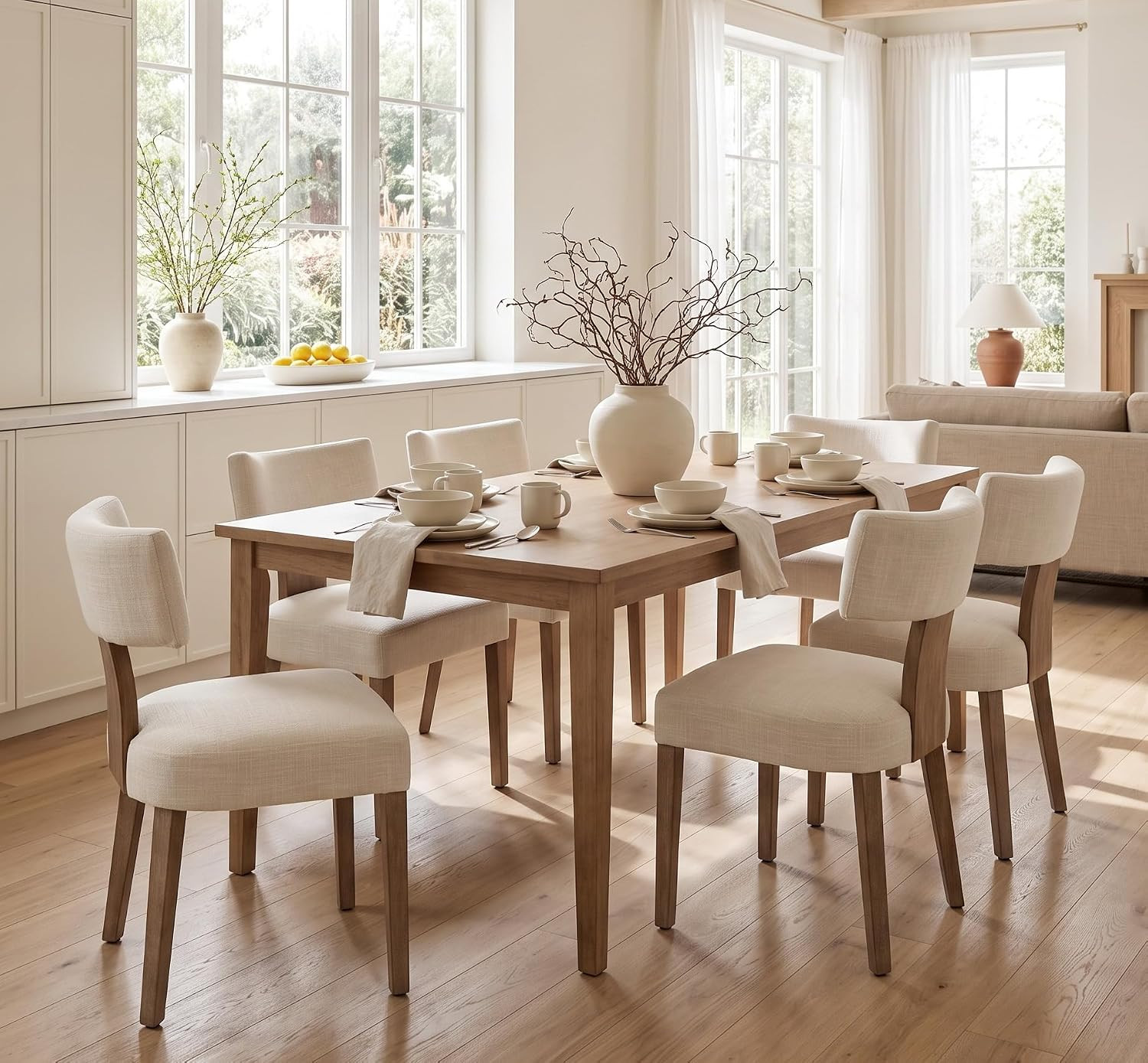 Wooden Dining Chairs Set of 6, Upholstered Kitchen Side Chair, Beige | Amazon (US)