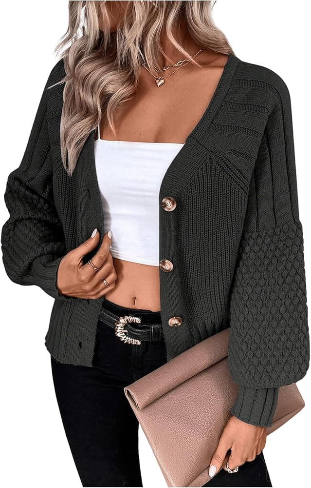 GORGLITTER Women's Cable Knit Long Sleeve Button Up Cardigan Sweater Cropped Casual Fall Knitted ... | Amazon (US)