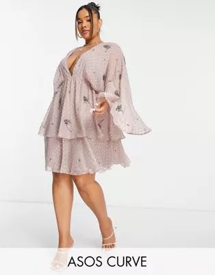 ASOS DESIGN Curve tiered textured mini dress with linear bloom embellishment in dusty rose | ASOS (Global)