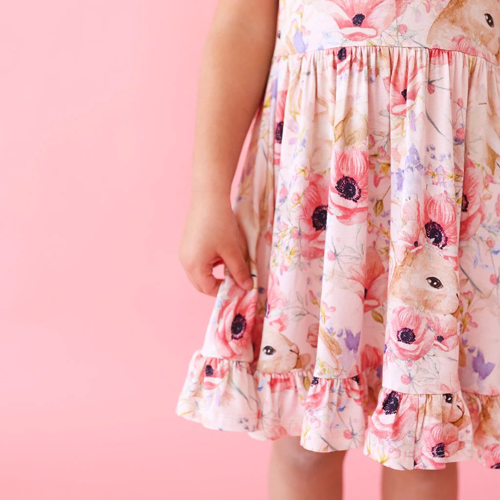 Bunny Floral Pink Cap Sleeve Girl Twirl Dress | Everly Rose | Posh Peanut