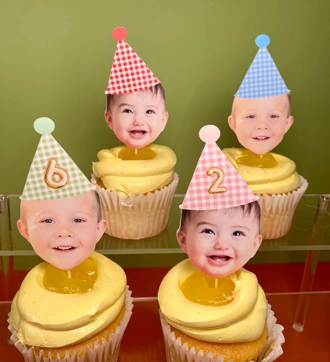 Gingham Pattern Party Hat, Double Sided, Face Cupcake Toppers, Custom Face Cupcake Toppers, Birth... | Etsy (US)