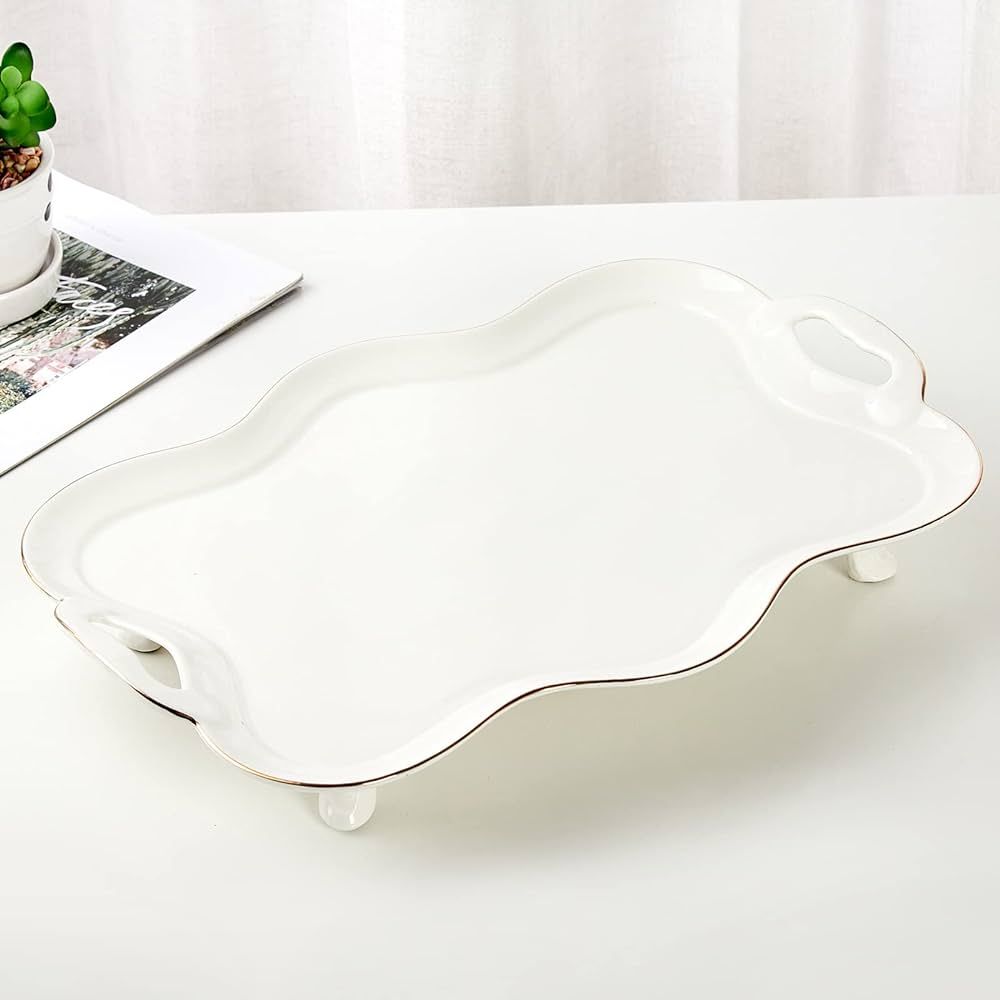 DUJUST Porcelain Serving Tray with Handles, Luxury British Style Coffee Table Tray with Golden Rim, Beautiful Tea Tray Decor for Living Room, Easy to Use & Clean | Amazon (US)