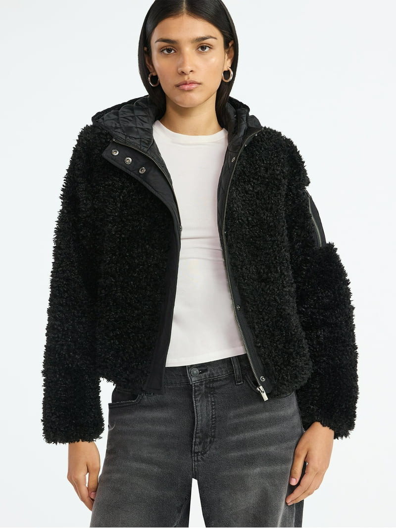 Scoop Women's Mixed Media Teddy Jacket with Hood, Midweight, Sizes XS-XXL | Walmart (US)