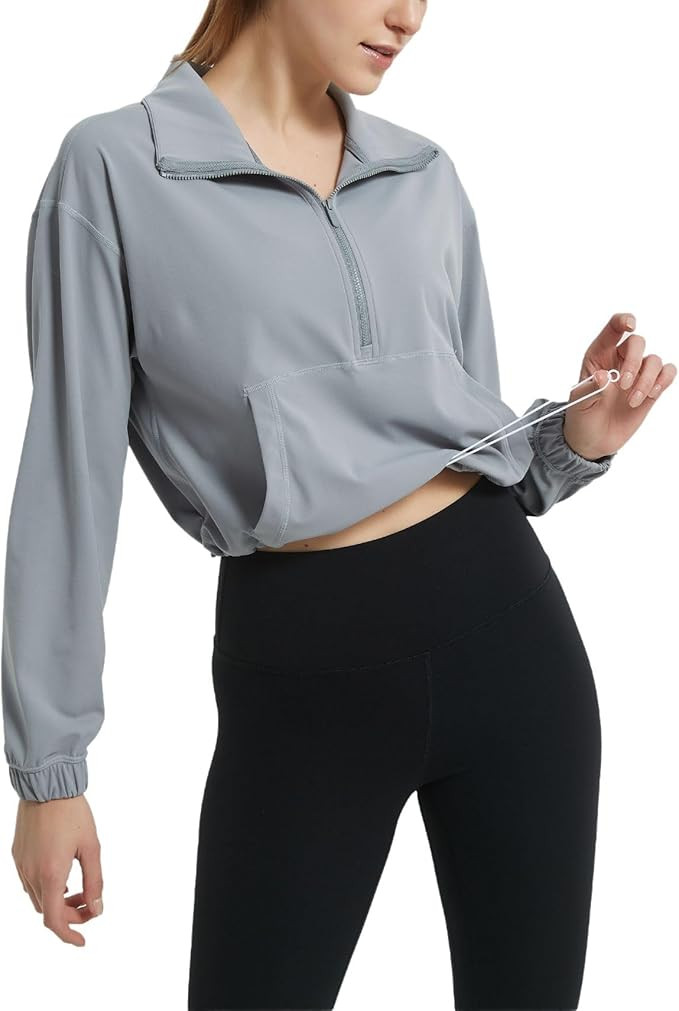 happlan Women's Half Zip Pullover Cropped Jackets Long Sleeve Athletic Running Yoga Workout Shirt... | Amazon (US)