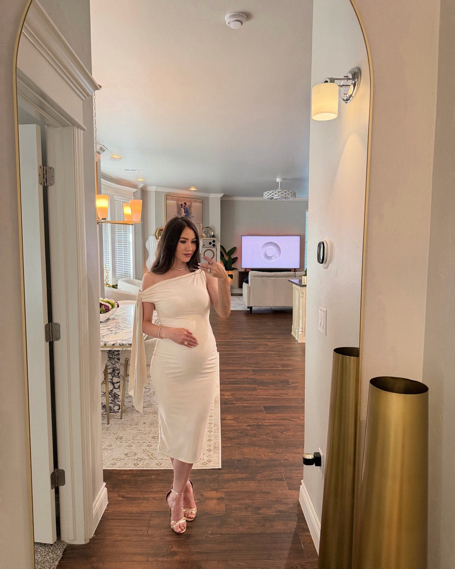 Arcelia. Cream asymmetric-Neck Midi dress with knot-sleeve detail. Club L London

#LTKgrwm #LTKBump #LTKdayinmylife