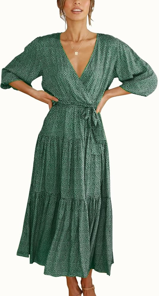 KIRUNDO Women's Summer Bohemian Floral Dress Wrap V Neck Half Sleeves Casual High Waist Pleated Flow | Amazon (US)