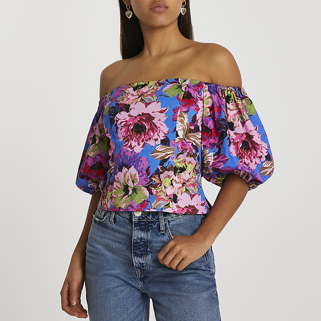 Blue puff sleeve bardot top | River Island (UK & IE)