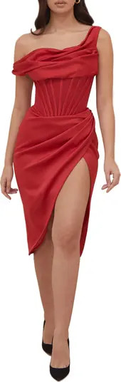 Lulu Corset One-Shoulder Satin Midi Dress | Nordstrom