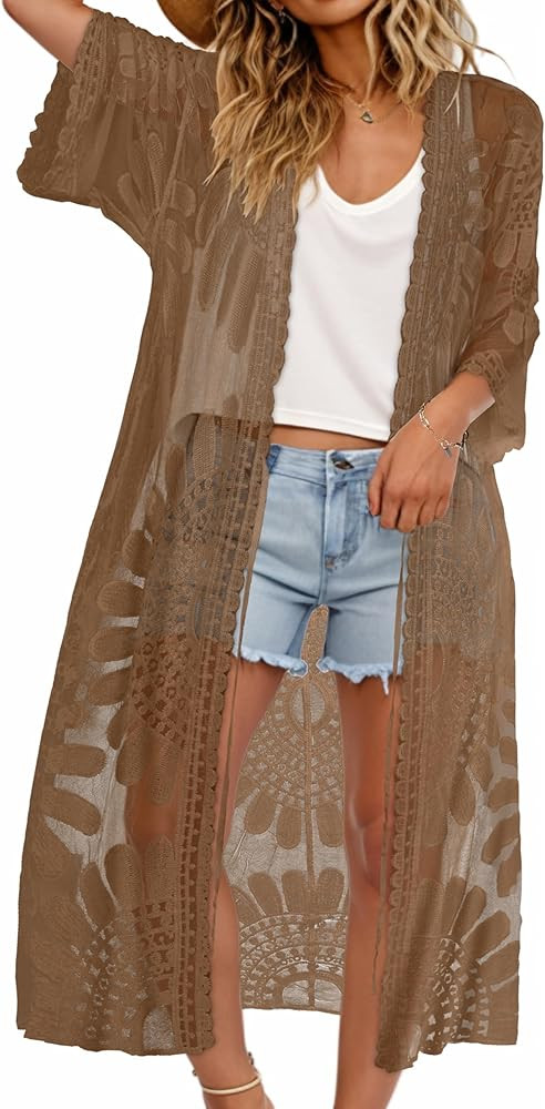 CHICGAL Womens Swimsuit Coverup Lace Bathing Suit Cover Up Beach Kimonos Long Cardigan Open Front... | Amazon (US)