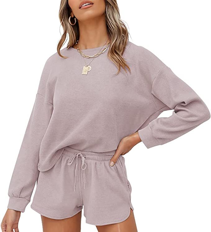 ZESICA Women's Waffle Knit Long Sleeve Top and Shorts Pullover Nightwear Lounge Pajama Set with P... | Amazon (US)