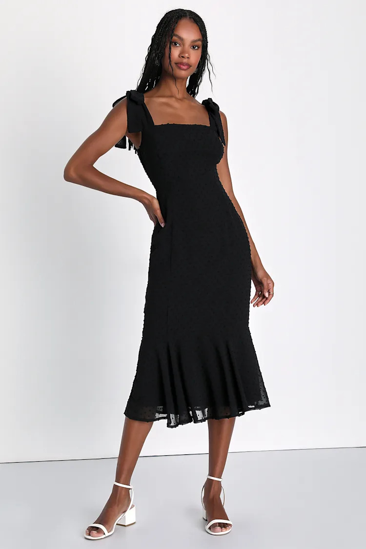 Bimini Black Swiss Dot Tie-Strap Midi Dress | Lulus