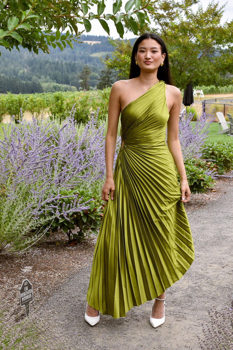 Olympia Olive Green Pleated One Shoulder Gown | Confête