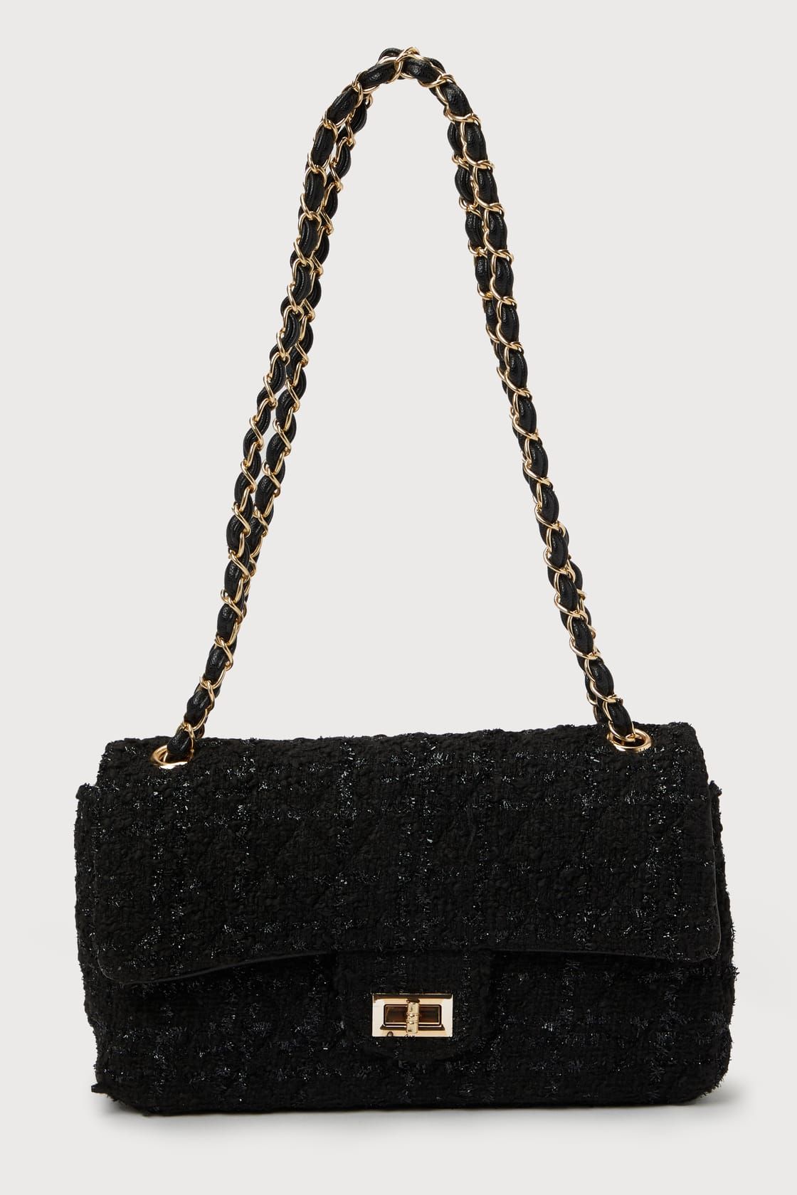 Arrive in Luxury Black Tweed Lurex Chain Strap Shoulder Bag | Lulus
