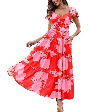 Jusfitsu Flowy Maxi Dresses for Women 2024 V Neck Summer Dress with Pockets Flutter Sleeve Casual... | Amazon (US)