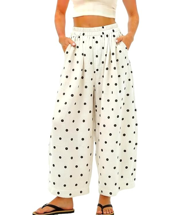 Womens Cotton Linen Polka Dot Pants Casual Wide Leg Barrel Pants High Waist Elastic Summer Palazz... | Amazon (US)