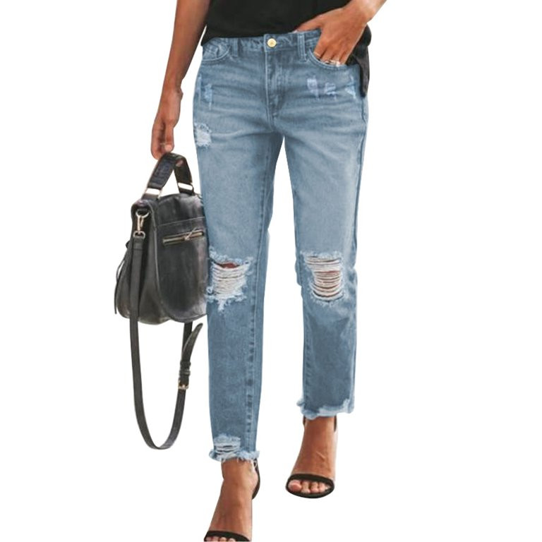 HOTAPEI Women's Ripped Straight Jeans Distressed Denim Ankle Length Pants Mid Rise Frayed Raw Hem... | Walmart (US)