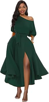 Women\u2019s Elegant Off Shoulder Short Sleeve Belted Side Slit Cocktail Party Swing Dress with P... | Amazon (US)