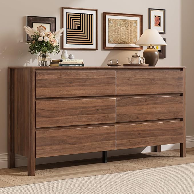 MAISONARIA Walnut Dresser for Bedroom, 55.1" Wide Dresser with 6 Drawers and Hidden Handles, Mode... | Amazon (US)