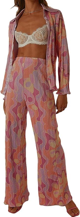 Argeousgor Women Floral 2 Piece Pants Set V Neck Long Sleeve Blouse Tops High Waist Casual Trouse... | Amazon (US)