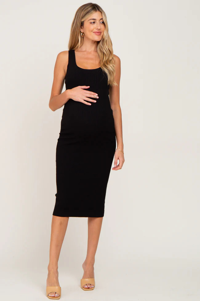 Black Fitted Knit Maternity Midi Dress | PinkBlush Maternity