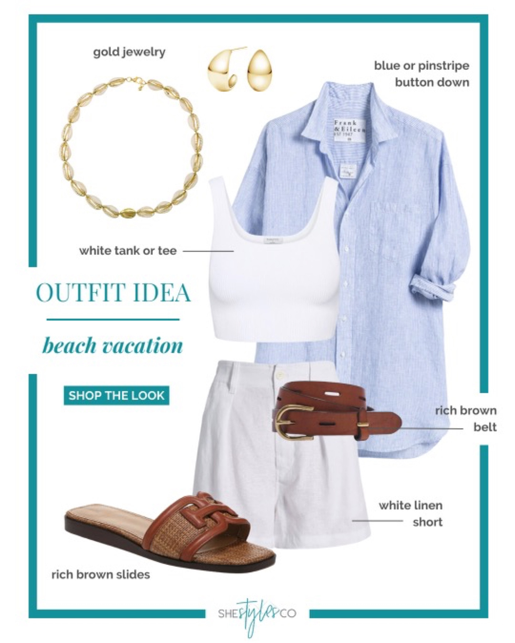 We are all still trying to stay cool during these hot summer days. Hitting the beach for some fresh air and water-splashing vacay time? Here’s a great outfit to pack along. These essential pieces pair so well together for an easy breezy beach vacay vibe. Flowy button-down shirt, white tank top, slide sandals, white linen shorts, gold accessories.
Wear together for a look like this, and also use these classic, timeless pieces for other outfit options, too! 

#LTKSeasonal #LTKstyletip