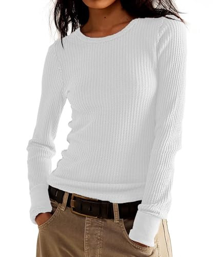 Free People Dupes Fashion Waffle Knit Tops Long Sleeve Shirts Pullover Womens Fall Fashion 2025 Winter Tops White M | Amazon (US)