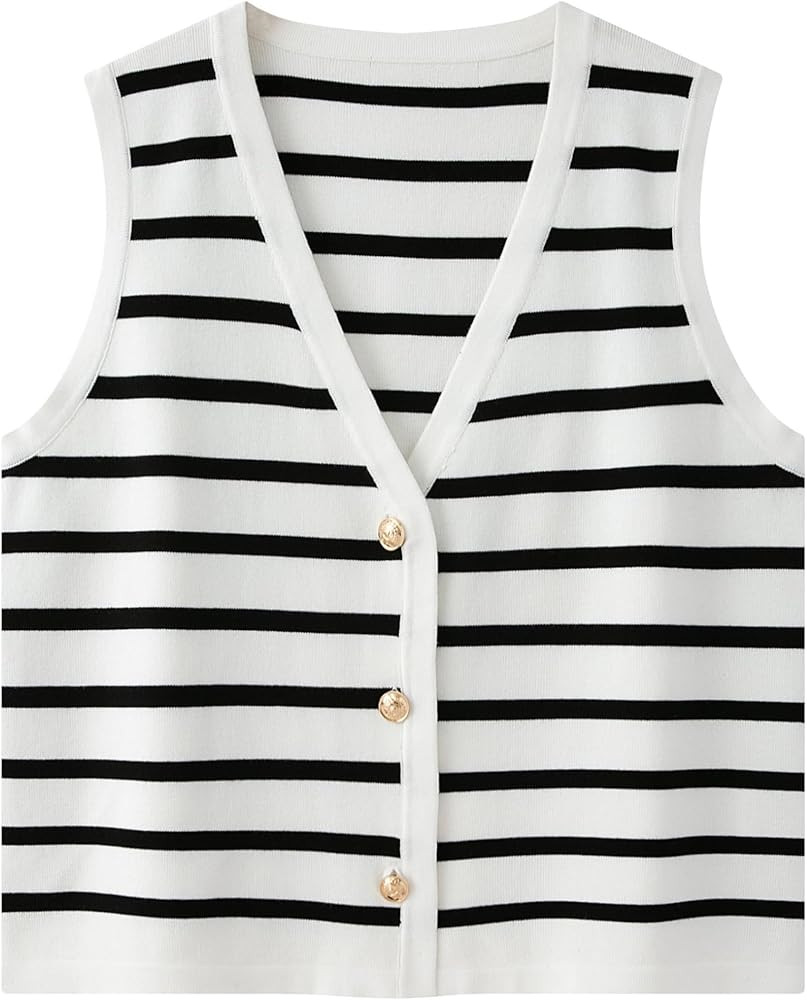 Chevara Women's Sleeveless Striped Sweater Vest Casual V Neck Vest Tops Summer Outfits | Amazon (US)