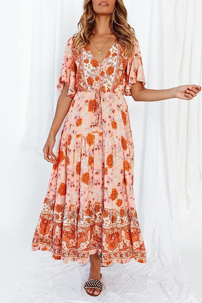 ZESICA Women's Bohemian Floral Print Sexy V Neck Short Sleeve Flowy Beach Party Maxi Dress | Amazon (US)