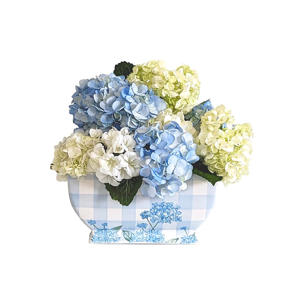 Lo Home x Chapple Chandler Gingham Planter with Hydrangea Accents | Lo Home by Lauren Haskell Designs
