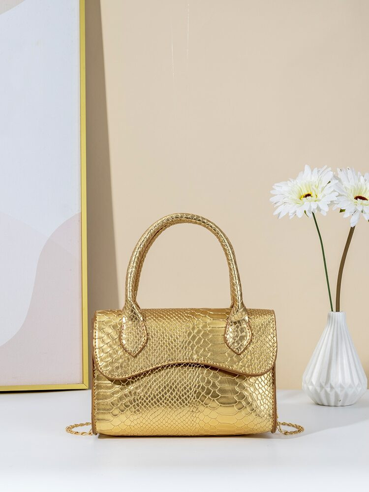 Mini Metallic Snakeskin Embossed Chain Square Bag | SHEIN