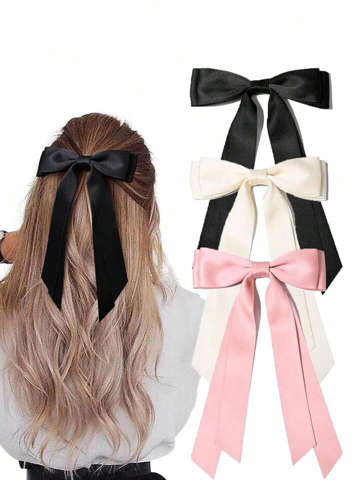 3 PCS Silky Satin Hair Bows Hair Clip Pink Hair Ribbon Ponytail Holder Accessories Slides Metal C... | SHEIN