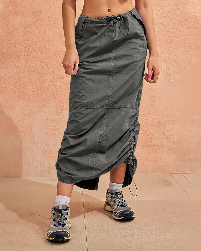 Women Y2K Cargo Skirt Low Rise Maxi Skirt Drawstring Ruched Vintage Streetwear with Pockets | Amazon (US)