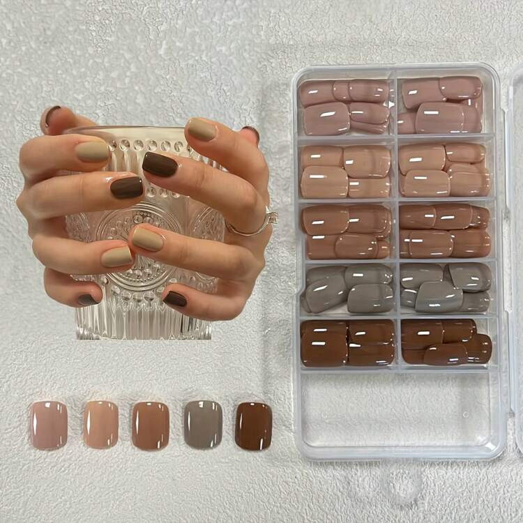 Box Of 150pcs Fall/Winter Style Brown-Colored Removable Mylar Artificial Nail Tips Press On Nails Nail Supplies | SHEIN