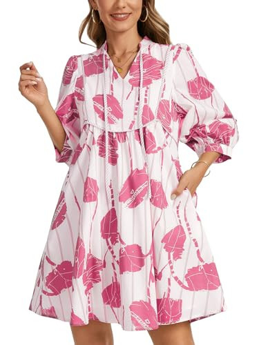 EZAPINE Women Floral Babydoll Mini Dress V Neck 3/4 Puff Sleeves A Line Flowy Swing Summer Sun Dresses Pink | Amazon (US)