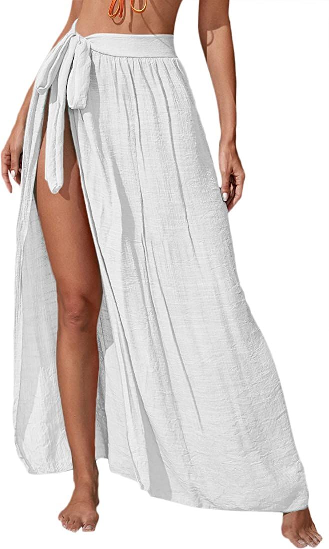SheIn Women's Beach Sarong Swimsuit Cover Up Tie Waist Split Wrap Maxi Skirt | Amazon (US)