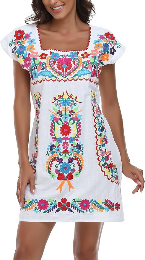 YZXDORWJ Women Mexican Embroidered Dress Ruffle Collar Sleeveless | Amazon (US)