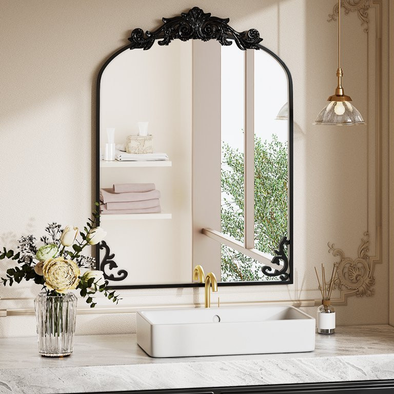 BEAUTYPEAK 38"x24" Metal Arch Bathroom Mirror with Baroque Flower Wall Mounted,Black | Walmart (US)