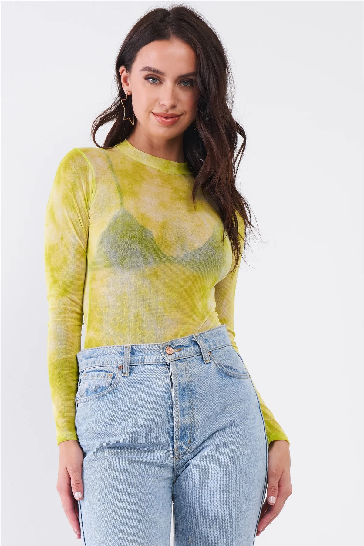 Neon Green Sexy Sheer Mesh Long Sleeve Mock Neck Bodysuit | Shop Simon