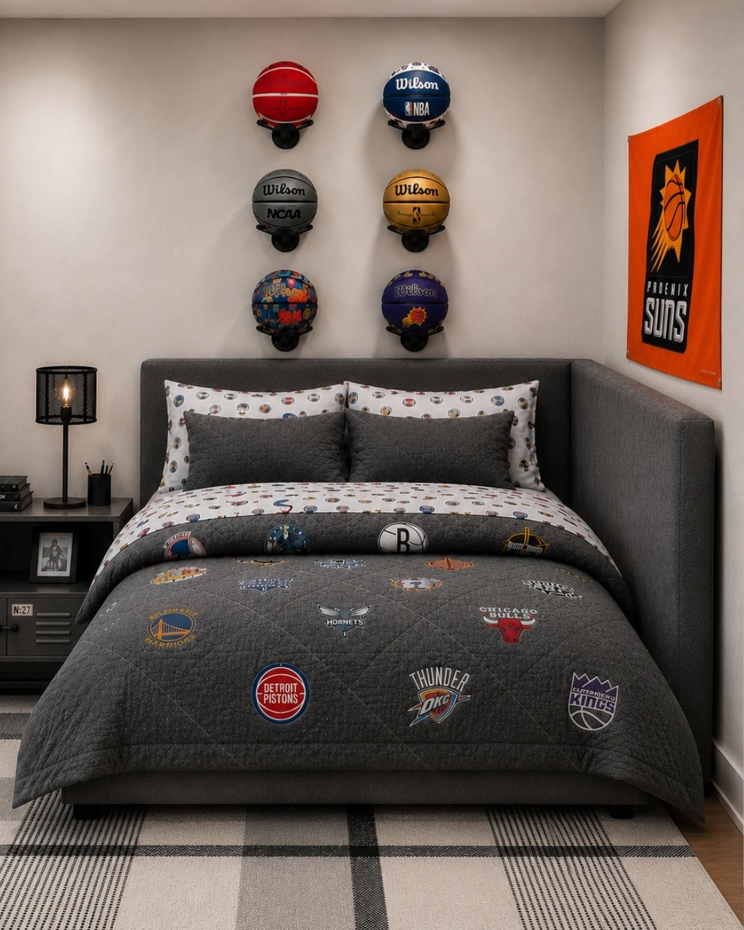 A basketball lovers dream - bold nba style, collectable displays, and cozy layered textures create the ultimate retreat. 

Boys room, boys bedroom, kids room, kids bedroom, boys room decor, boys room ideas, bedroom, basketball room, teen bedroom

#LTKHome #LTKKids #LTKSeasonal