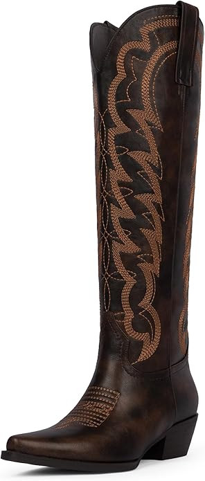 Modatope Cowboy Knee High Boots for Women Pointed Toe Chunky Heel Embroidered Wide Calf Cowgirl B... | Amazon (US)