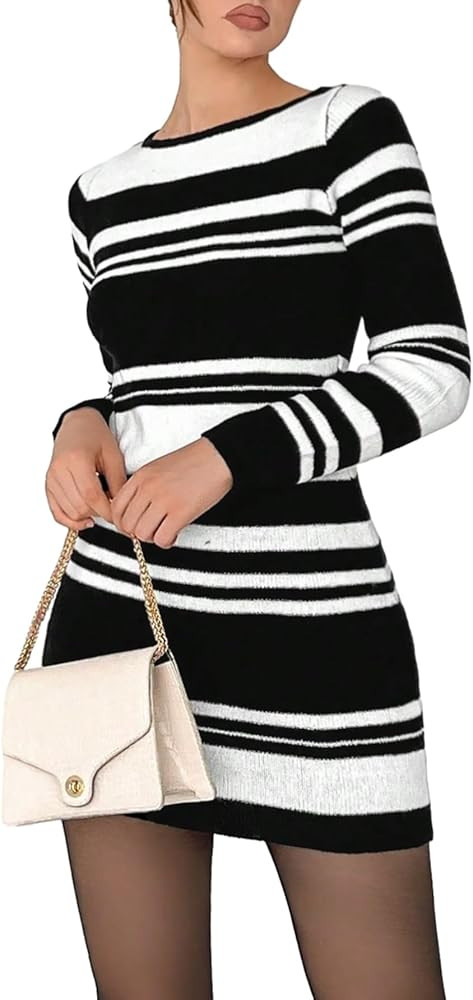 SHENHE Women's Striped Tie Backless Bodycon Long Sleeve Sexy Open Back Mini Sweater Dress | Amazon (US)