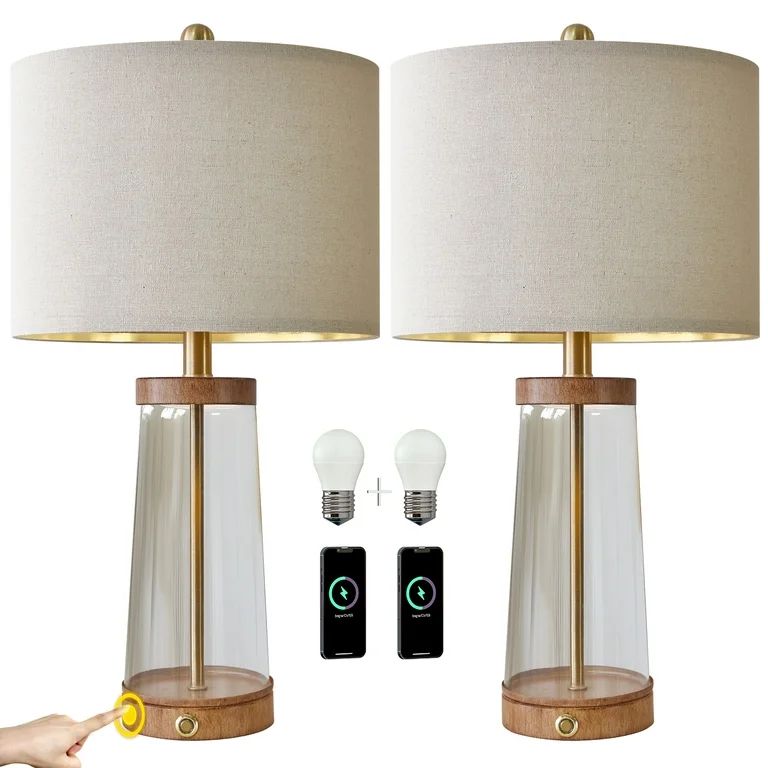 Oneach 3 Way Dimmable Glass Table Lamp Set of 2 with USB Ports for Living Room Bedroom 24" Bedsid... | Walmart (US)