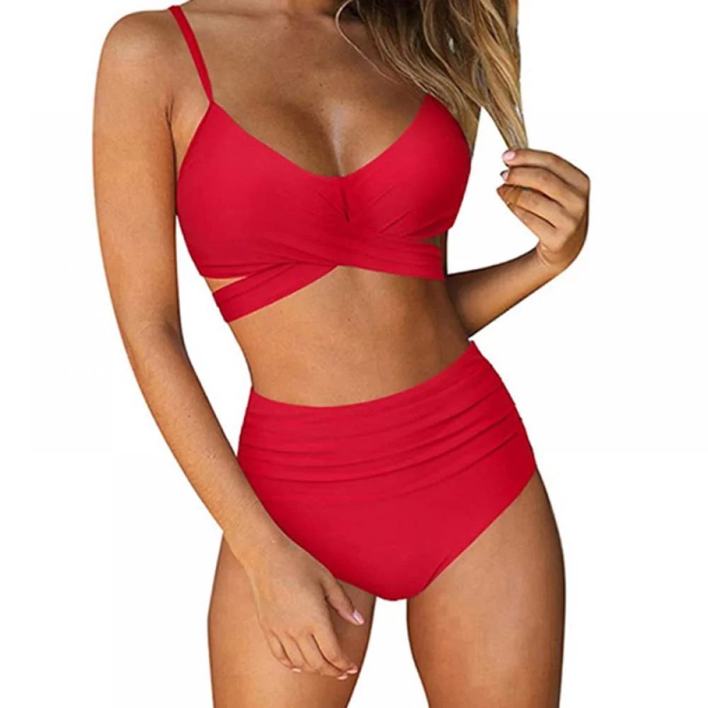 Swimsuits for Women Two Piece Bathing Suits Bra Top with High Waisted Bottom Wrap Bikini Set, Red... | Walmart (US)