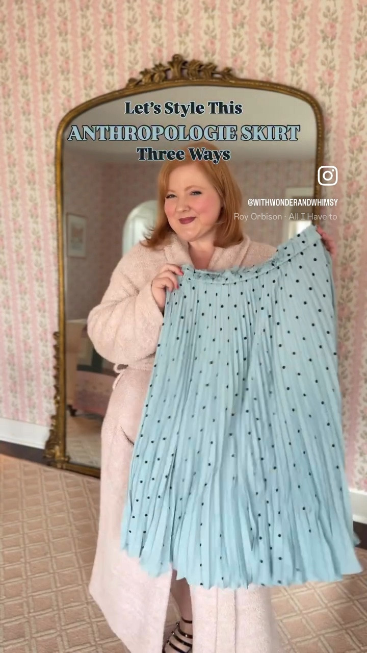 You know your girl LOVES a pleated midi skirt! This silhouette has been a staple in my wardrobe for the past decade now. A pleated midi is so versatile, effortless to wear, and easy to transition from season to season. When I spotted this powder blue polka dot DREAM at @anthropologie, I had to take her home with me. Here are three ways to style your favorite midi skirt this winter. You could add tights to each and every one of these looks too!🩵🖤

#LTKMidsize #LTKootd #LTKPlusSize