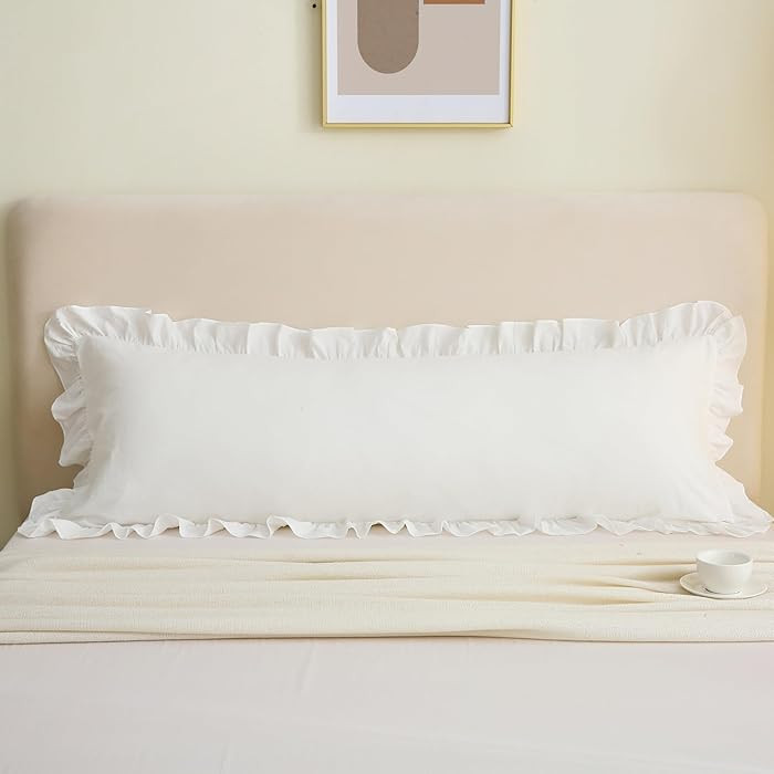 Ruffle Body Pillow Cover, Off White, 20x54 Inches, Farmhouse Style, 100% Washed Cotton, 1 Piece | Amazon (US)