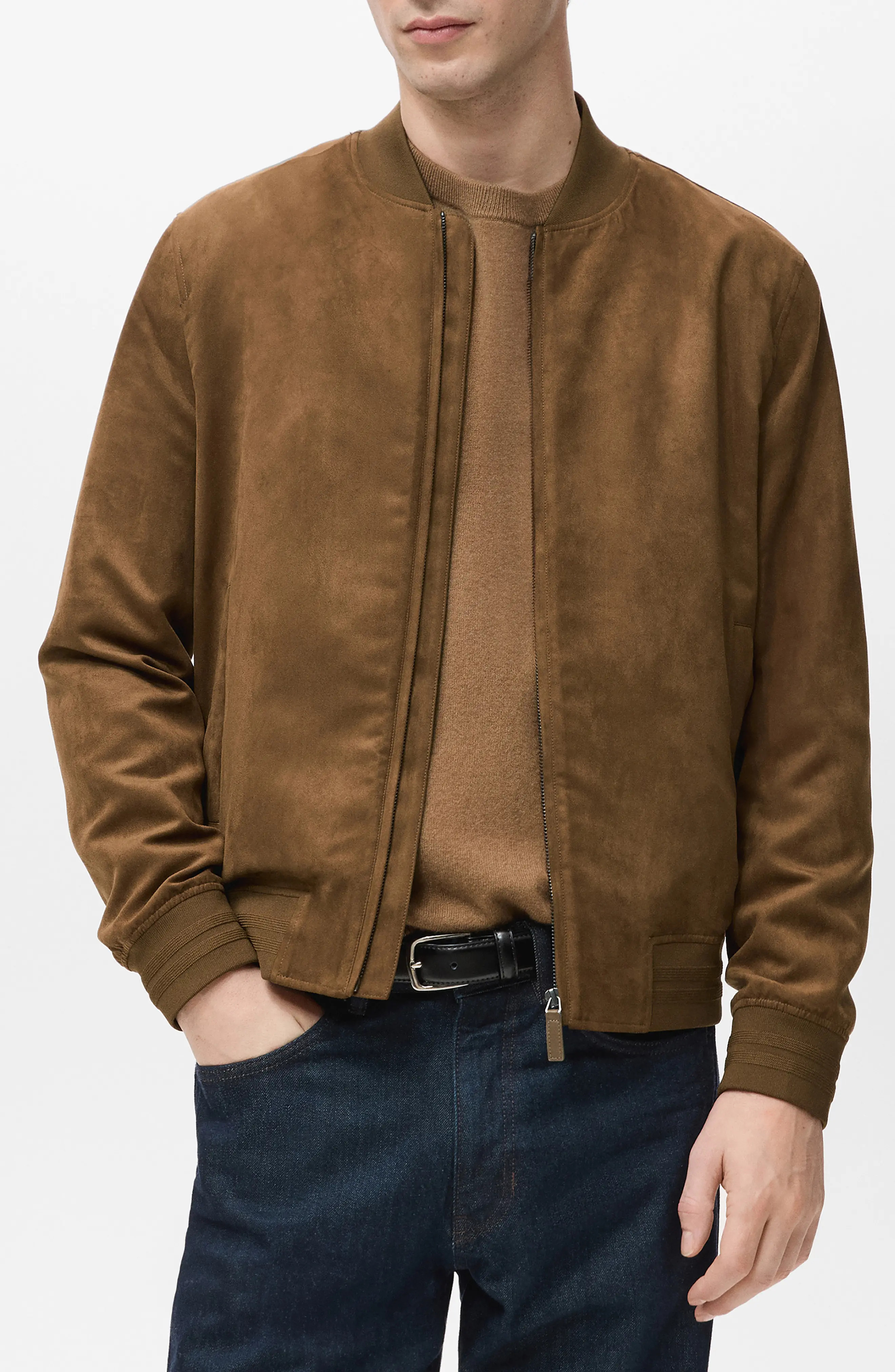 MANGO Faux Suede Bomber Jacket in Navy at Nordstrom, Size X-Large | Nordstrom