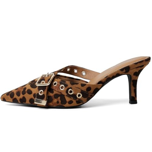 Mostrin Leopard Print Kitten Heels for Women Studded Heeled Mules Pointed Closed Toe Heels Vintage Slip on Stiletto Dressy Pumps Shoes Size 10.5 | Amazon (US)