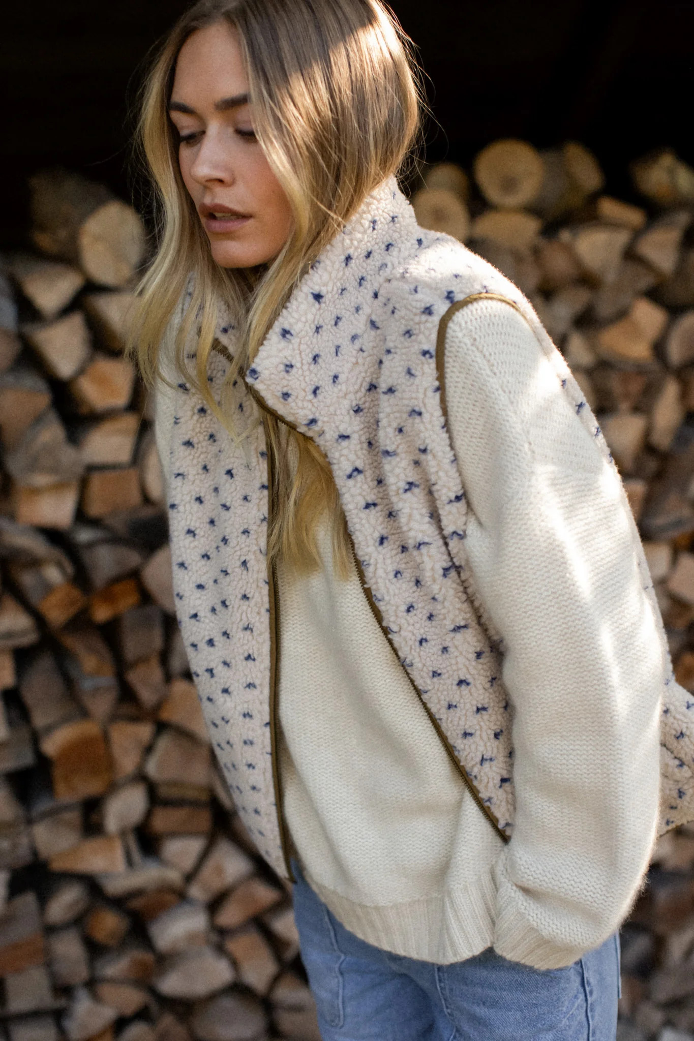 Sherpa Vest - Ivory/Blue Birdseye | Marea