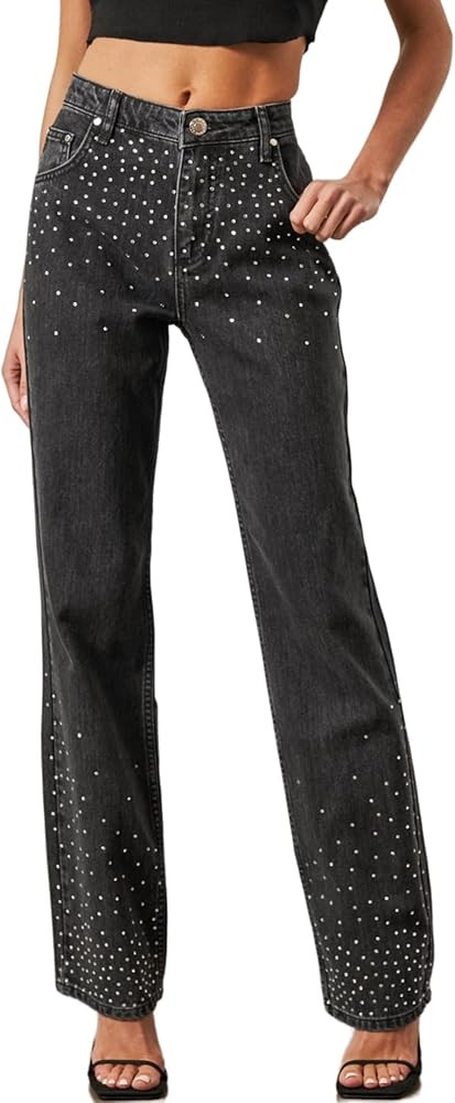 Kedera Womens High Waisted Rhinestone Jeans Wide Leg Denim Pants Sparkle Jeans Studded Bling Pant... | Amazon (US)